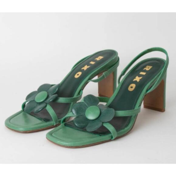 $450 RIXO London Seville Appliqué Sandals Flat•38 /7•Green Flower Heel Slingback,All Products : American Fashion Style Bags On Sale